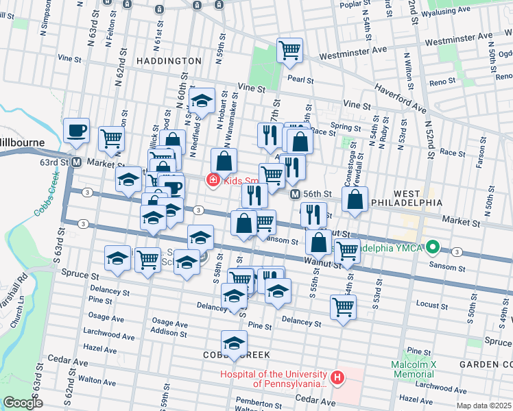 map of restaurants, bars, coffee shops, grocery stores, and more near 30 South 57th Street in Philadelphia