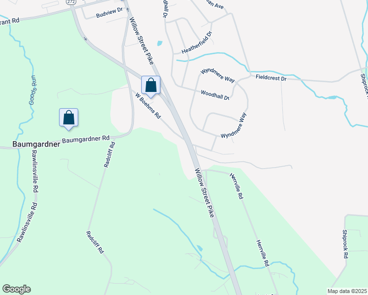 map of restaurants, bars, coffee shops, grocery stores, and more near 1 West Boehms Road in Willow Street