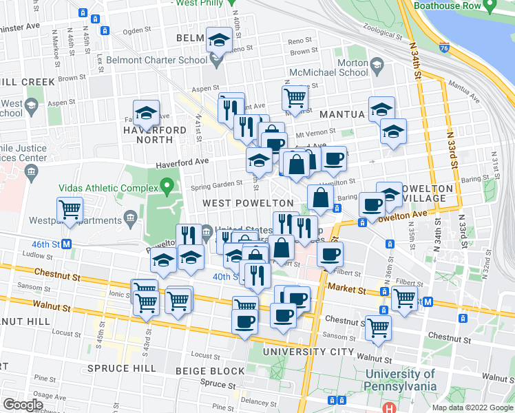 map of restaurants, bars, coffee shops, grocery stores, and more near Baring St & N 40th St in Philadelphia