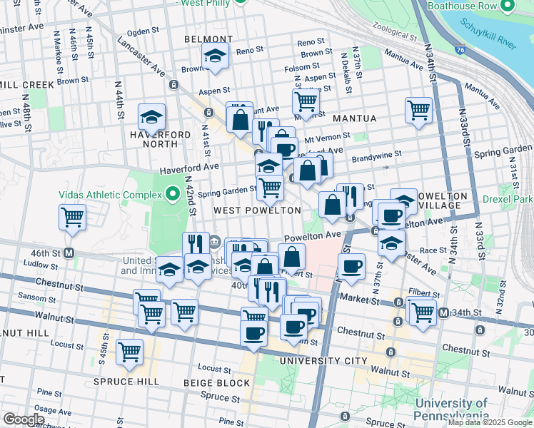 map of restaurants, bars, coffee shops, grocery stores, and more near N 40th St & Baring St in Philadelphia