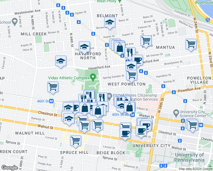 map of restaurants, bars, coffee shops, grocery stores, and more near 408 North 41st Street in Philadelphia