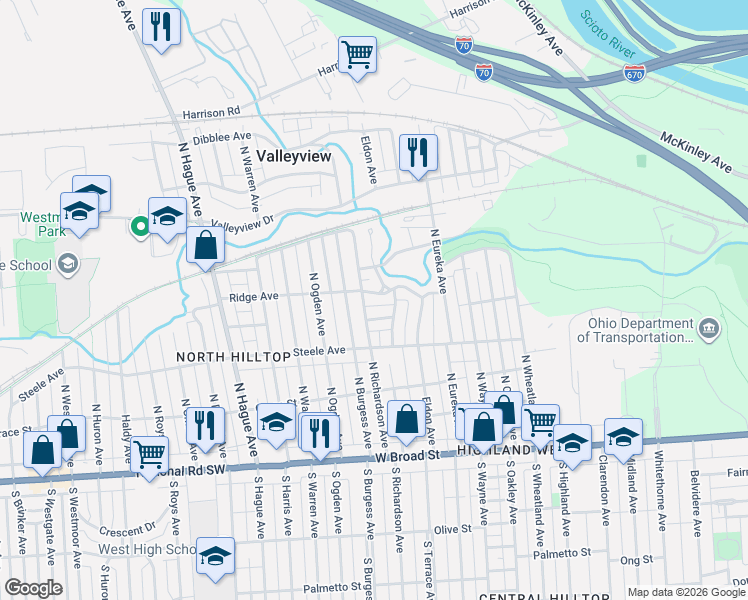 map of restaurants, bars, coffee shops, grocery stores, and more near 2520 Sutton Avenue in Columbus