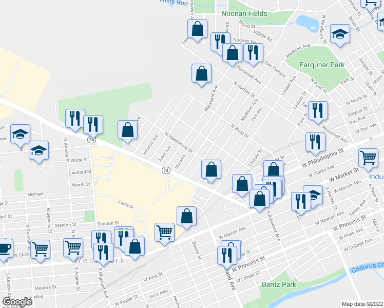 map of restaurants, bars, coffee shops, grocery stores, and more near 801 Pennsylvania Avenue in York