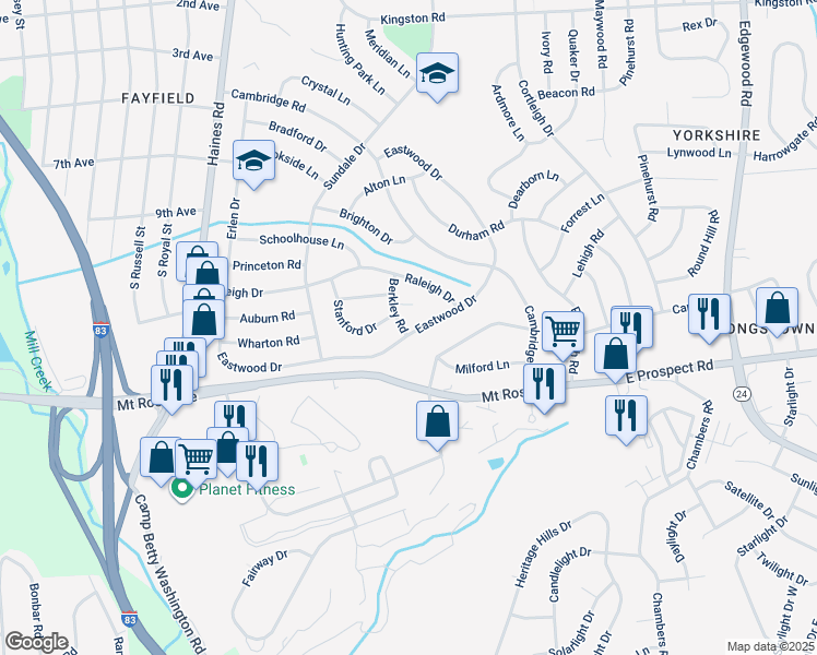 map of restaurants, bars, coffee shops, grocery stores, and more near 2605 Eastwood Drive in East York