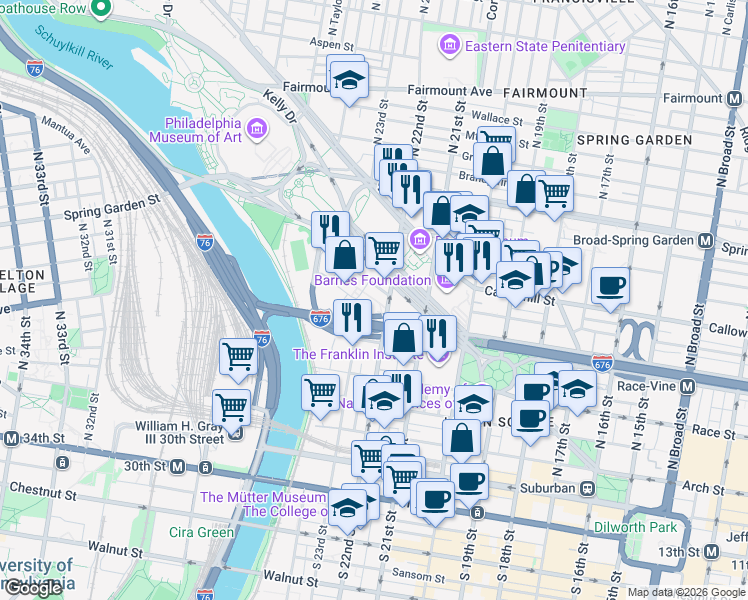 map of restaurants, bars, coffee shops, grocery stores, and more near 2202 Benjamin Franklin Parkway in Philadelphia