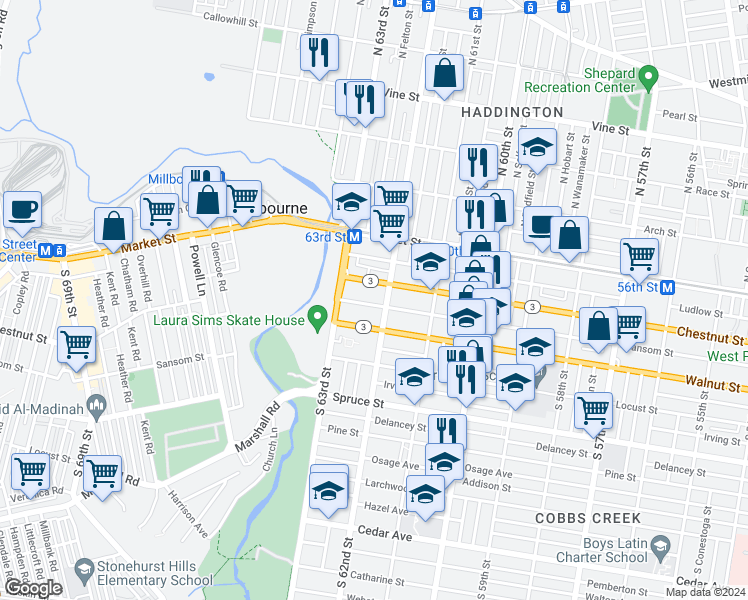 map of restaurants, bars, coffee shops, grocery stores, and more near 6213 Sansom Street in Philadelphia