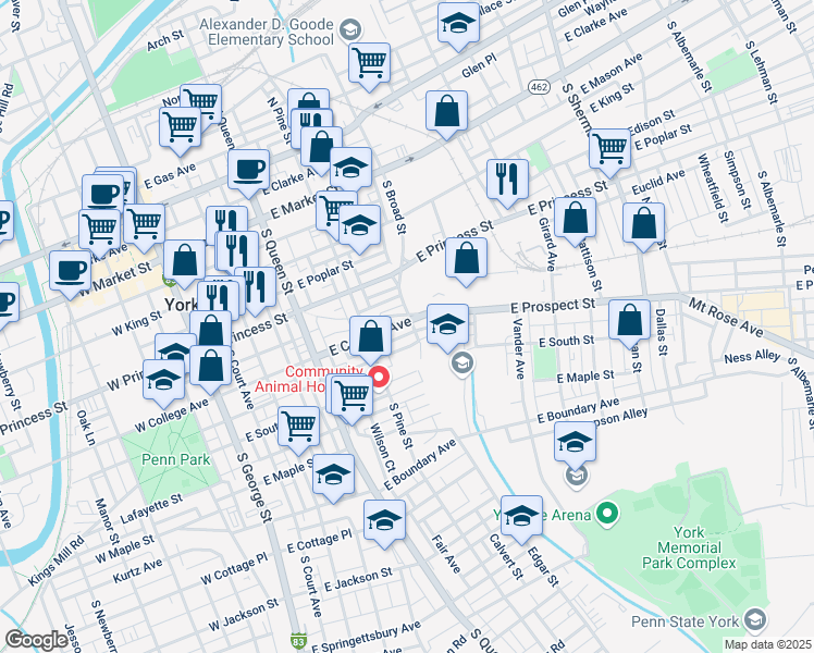 map of restaurants, bars, coffee shops, grocery stores, and more near 352 East College Avenue in York