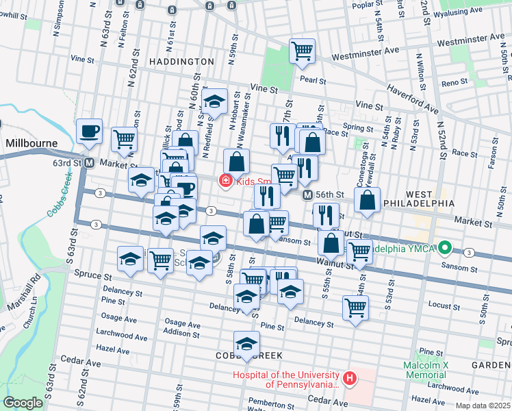 map of restaurants, bars, coffee shops, grocery stores, and more near 5738 Ludlow Street in Philadelphia