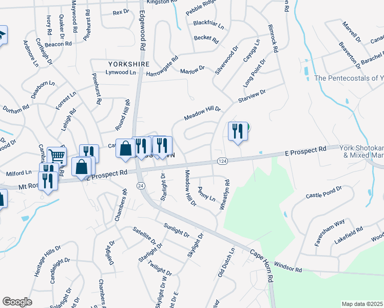 map of restaurants, bars, coffee shops, grocery stores, and more near 202 Knob Creek Lane in York