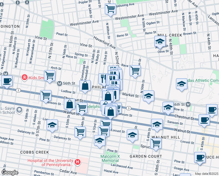 map of restaurants, bars, coffee shops, grocery stores, and more near 5219 Market Street in Philadelphia