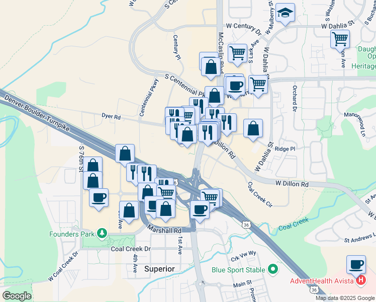 map of restaurants, bars, coffee shops, grocery stores, and more near 1124 Dillon Road in Louisville
