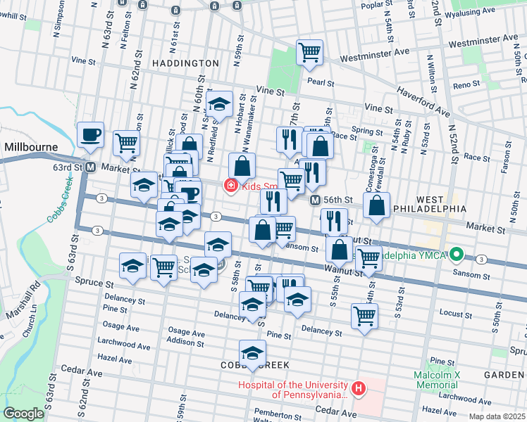 map of restaurants, bars, coffee shops, grocery stores, and more near 5736 Ludlow Street in Philadelphia