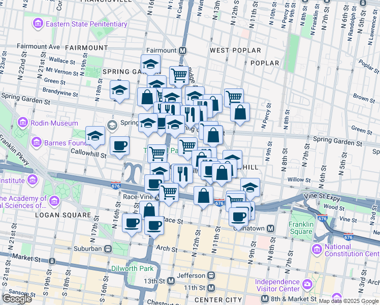 map of restaurants, bars, coffee shops, grocery stores, and more near 428 North 13th Street in Philadelphia