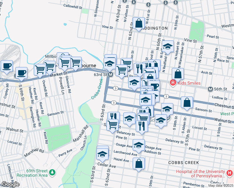 map of restaurants, bars, coffee shops, grocery stores, and more near 6213 Sansom Street in Philadelphia