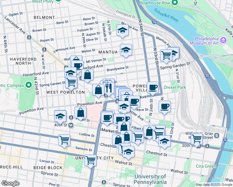 map of restaurants, bars, coffee shops, grocery stores, and more near 316 North 37th Street in Philadelphia