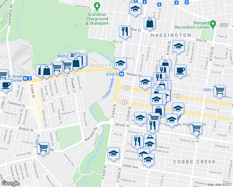 map of restaurants, bars, coffee shops, grocery stores, and more near Rte 3 & Sansom St in Philadelphia