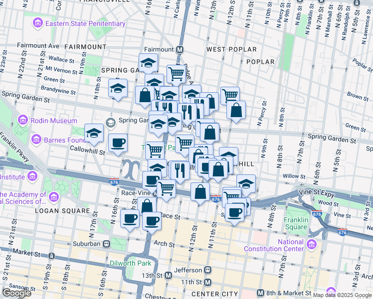 map of restaurants, bars, coffee shops, grocery stores, and more near 428 North 13th Street in Philadelphia