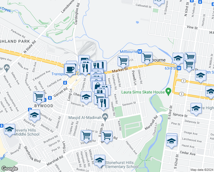 map of restaurants, bars, coffee shops, grocery stores, and more near 33 Heather Road in Upper Darby