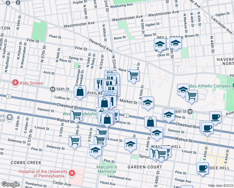 map of restaurants, bars, coffee shops, grocery stores, and more near 18 North Paxon Street in Philadelphia