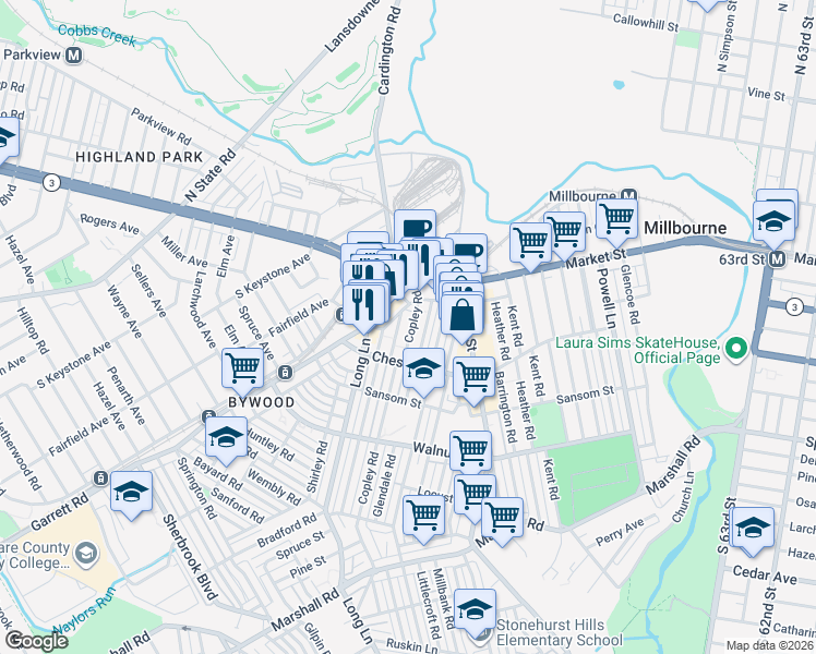 map of restaurants, bars, coffee shops, grocery stores, and more near 45 Copley Road in Delaware County
