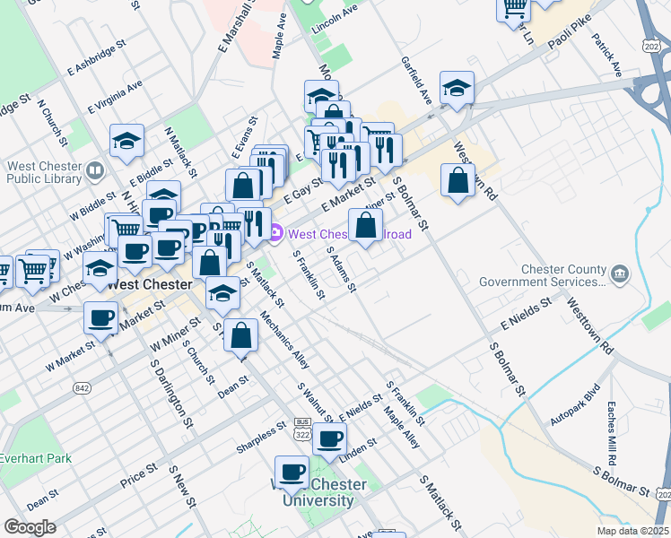 map of restaurants, bars, coffee shops, grocery stores, and more near 412 Danielle Way in West Chester