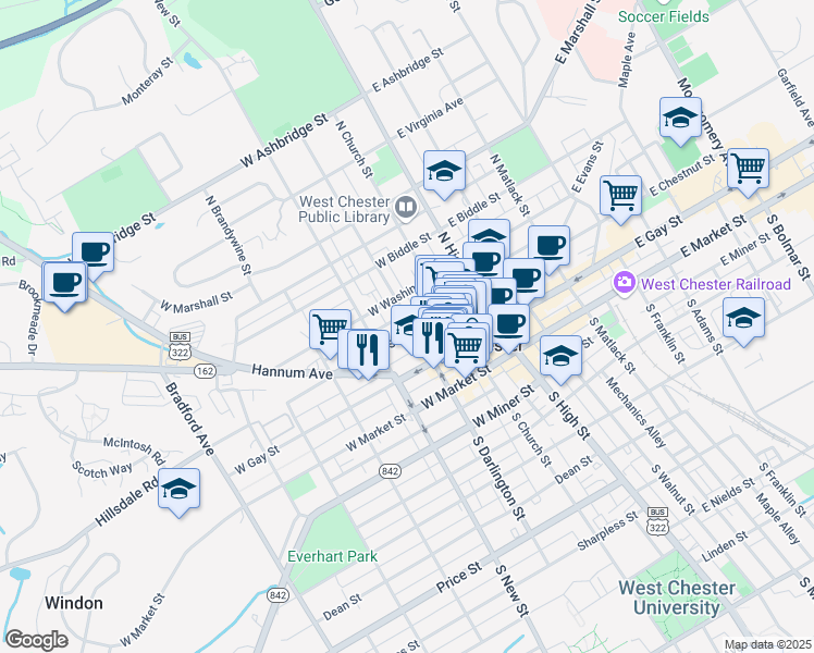 map of restaurants, bars, coffee shops, grocery stores, and more near 212 West Chestnut Street in West Chester