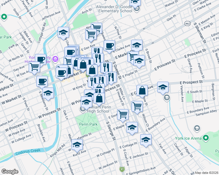 map of restaurants, bars, coffee shops, grocery stores, and more near 40 East Princess Street in York