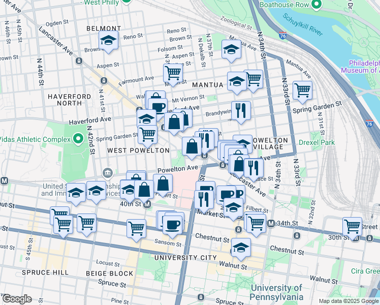 map of restaurants, bars, coffee shops, grocery stores, and more near 3832 Baring Street in Philadelphia