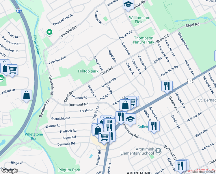 map of restaurants, bars, coffee shops, grocery stores, and more near 327 Hill Road in Havertown