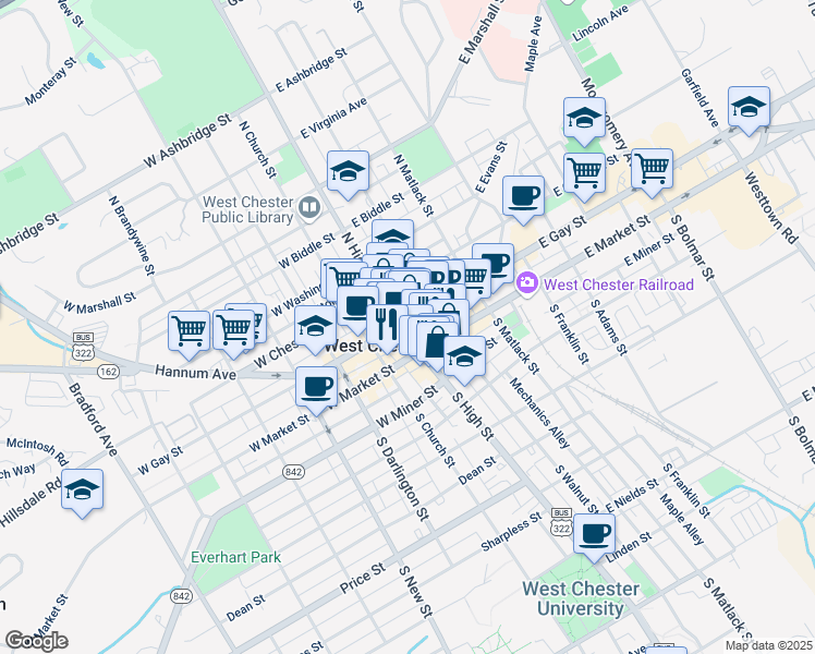 map of restaurants, bars, coffee shops, grocery stores, and more near 5 North High Street in West Chester