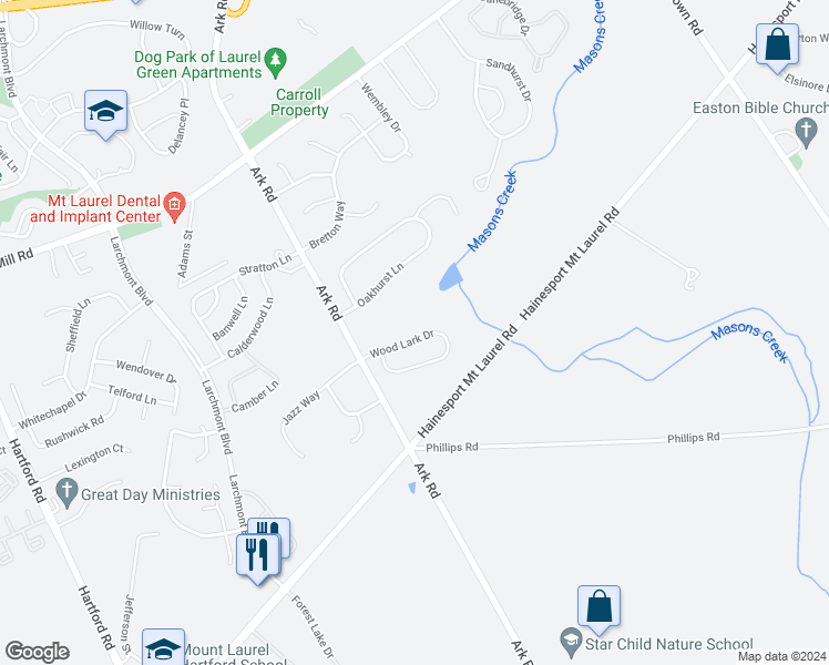 map of restaurants, bars, coffee shops, grocery stores, and more near 10 Wood Lark Drive in Mount Laurel Township