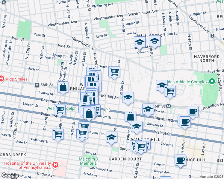 map of restaurants, bars, coffee shops, grocery stores, and more near 51 North Dearborn Street in Philadelphia