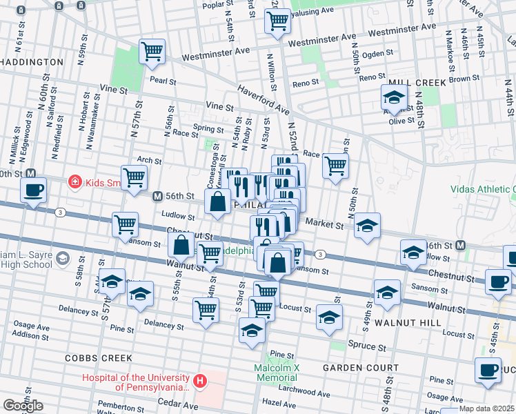 map of restaurants, bars, coffee shops, grocery stores, and more near 5251 Market Street in Philadelphia