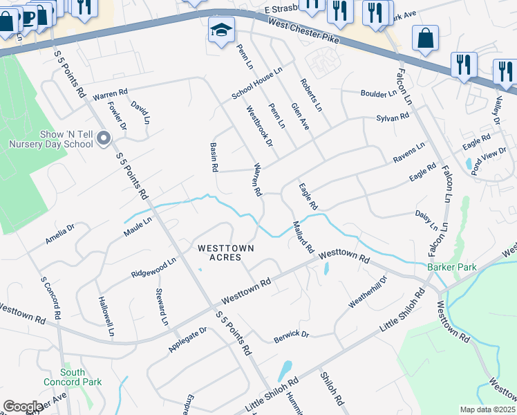 map of restaurants, bars, coffee shops, grocery stores, and more near 1035 Warren Road in West Chester
