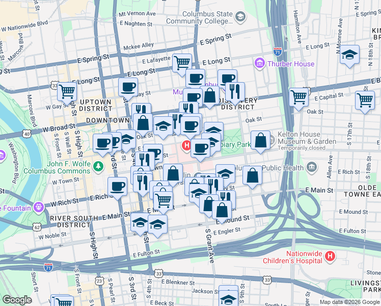 map of restaurants, bars, coffee shops, grocery stores, and more near 363 East Town Street in Columbus