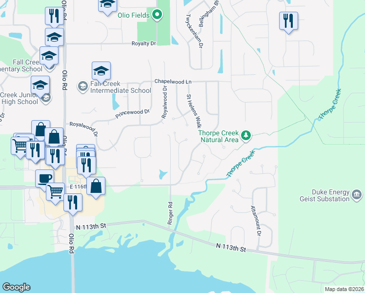 map of restaurants, bars, coffee shops, grocery stores, and more near 11775 Langham Crescent Court in Fishers