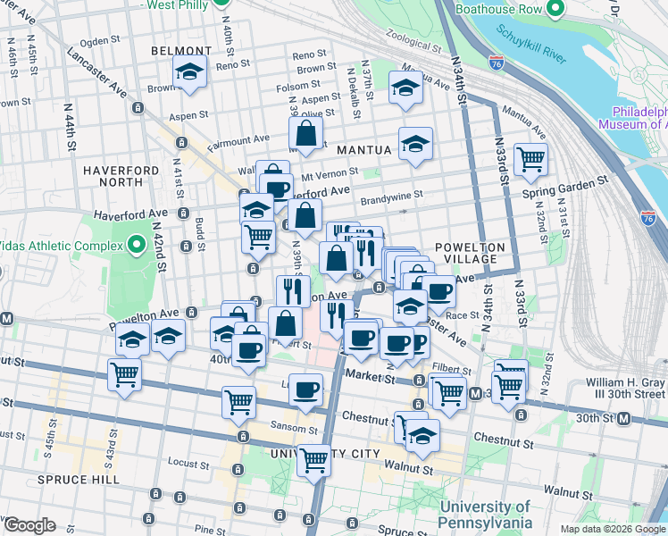 map of restaurants, bars, coffee shops, grocery stores, and more near 3823 Pearl Street in Philadelphia