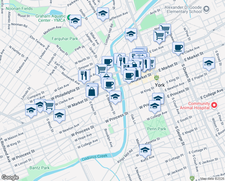 map of restaurants, bars, coffee shops, grocery stores, and more near 280 West Market Street in York