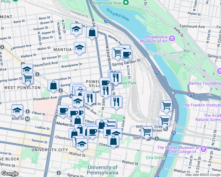 map of restaurants, bars, coffee shops, grocery stores, and more near 3307 Powelton Avenue in Philadelphia