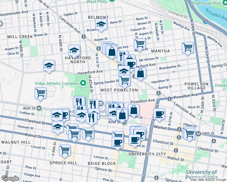 map of restaurants, bars, coffee shops, grocery stores, and more near 4025 Baring Street in Philadelphia