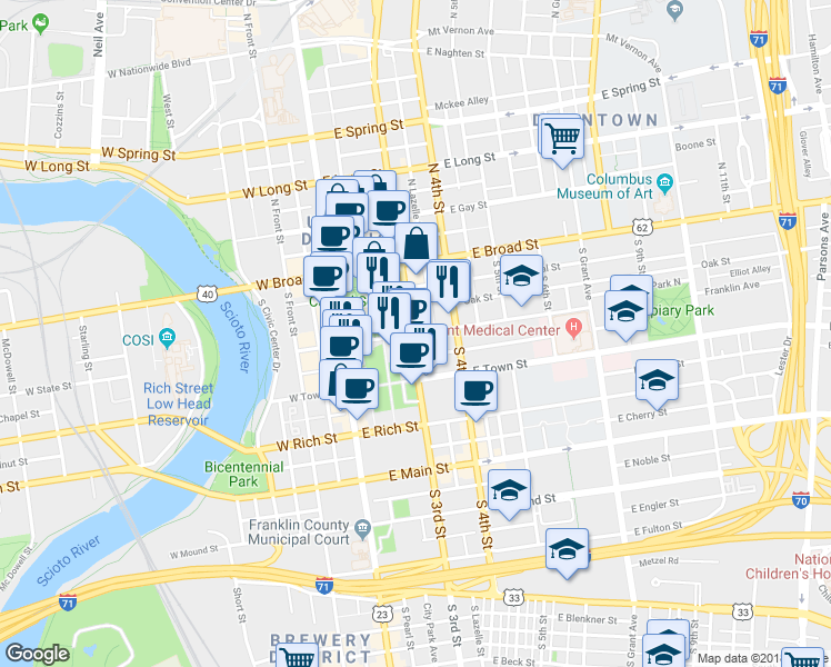 map of restaurants, bars, coffee shops, grocery stores, and more near 121 East State Street in Columbus