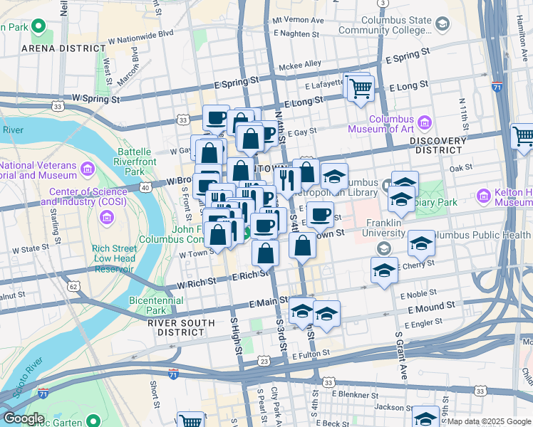 map of restaurants, bars, coffee shops, grocery stores, and more near 121 East State Street in Columbus