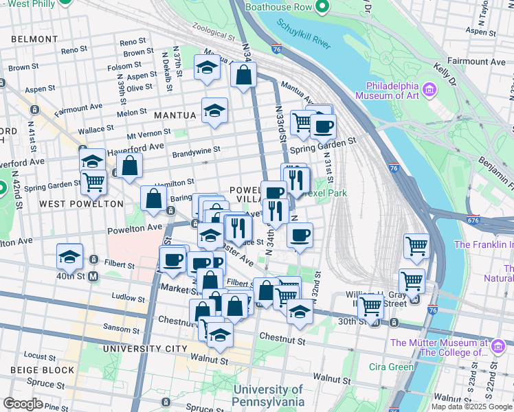 map of restaurants, bars, coffee shops, grocery stores, and more near 3409 Powelton Avenue in Philadelphia
