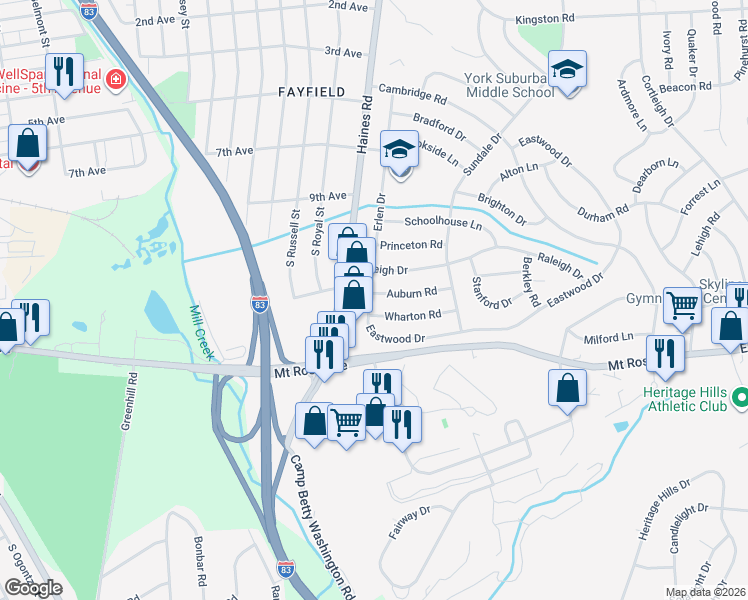 map of restaurants, bars, coffee shops, grocery stores, and more near 2419 Wharton Road in East York