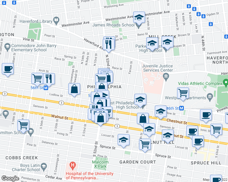 map of restaurants, bars, coffee shops, grocery stores, and more near 25 North Paxon Street in Philadelphia