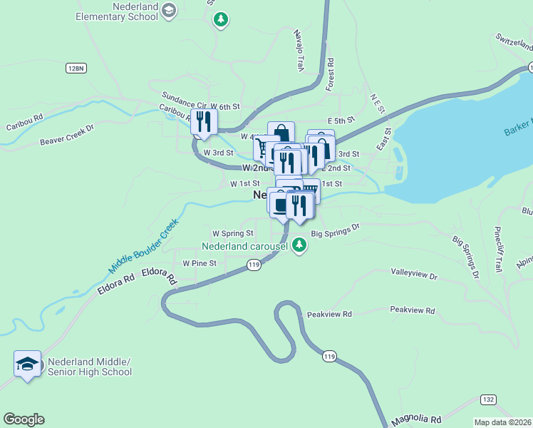 map of restaurants, bars, coffee shops, grocery stores, and more near 108 South Jefferson Street in Nederland