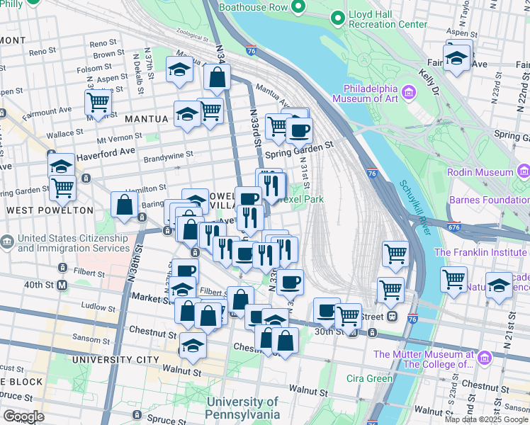 map of restaurants, bars, coffee shops, grocery stores, and more near 3303 Powelton Avenue in Philadelphia