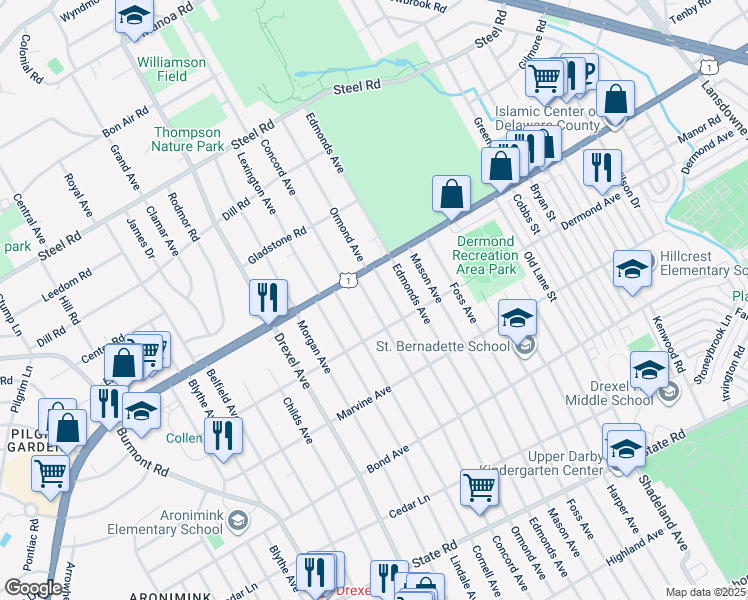map of restaurants, bars, coffee shops, grocery stores, and more near 1217 Concord Avenue in Drexel Hill