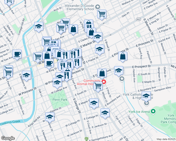 map of restaurants, bars, coffee shops, grocery stores, and more near 217 South Queen Street in York