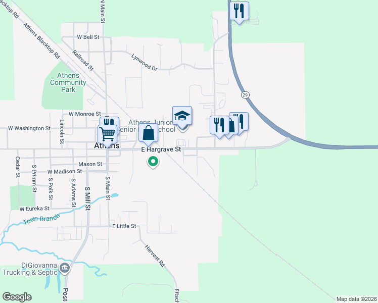 map of restaurants, bars, coffee shops, grocery stores, and more near 303 South Wood Street in Athens